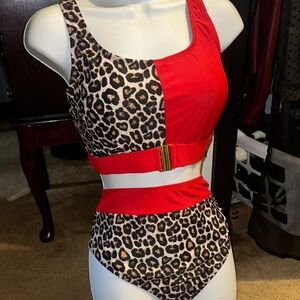 #17 New York & Company Red and Leopard Print Bikini